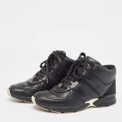 Pre Owned Chanel Black Leather And Satin Athletic CC Lace Up Sneakers Size 38