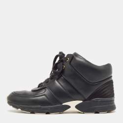 Pre Owned Chanel Black Leather And Satin Athletic CC Lace Up Sneakers Size 38
