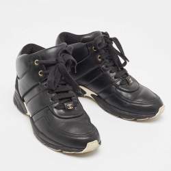 Pre Owned Chanel Black Leather And Satin Athletic CC Lace Up Sneakers Size 38