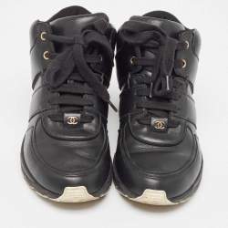 Pre Owned Chanel Black Leather And Satin Athletic CC Lace Up Sneakers Size 38