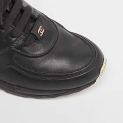 Pre Owned Chanel Black Leather And Satin Athletic CC Lace Up Sneakers Size 38