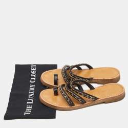 Chanel Black Leather Chain Strap Flat Sandals Size 39.5