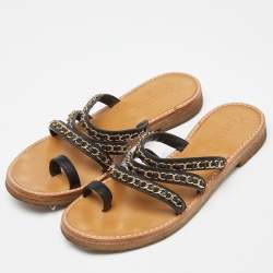 Chanel Black Leather Chain Strap Flat Sandals Size 39.5
