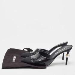 Chanel Black Leather and Canvas Cap Toe CC Pearl Heel Mules Size 39