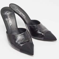 Chanel Black Leather and Canvas Cap Toe CC Pearl Heel Mules Size 39