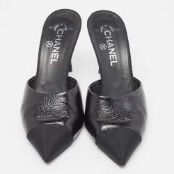 Chanel Black Leather and Canvas Cap Toe CC Pearl Heel Mules Size 39