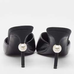 Chanel Black Leather and Canvas Cap Toe CC Pearl Heel Mules Size 39