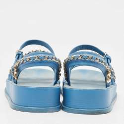 Chanel Blue Leather CC Chain Link Ankle Strap Sandals Size 38