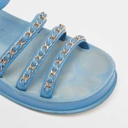 Chanel Blue Leather CC Chain Link Ankle Strap Sandals Size 38