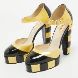 Pre Owned Chanel Yellow/Black Patent Leather Platform Ankle Strap Pumps Size 39