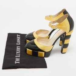 Pre Owned Chanel Yellow/Black Patent Leather Platform Ankle Strap Pumps Size 39