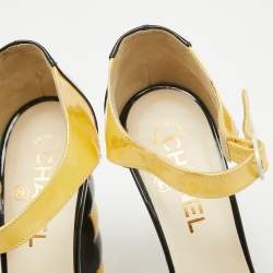 Pre Owned Chanel Yellow/Black Patent Leather Platform Ankle Strap Pumps Size 39