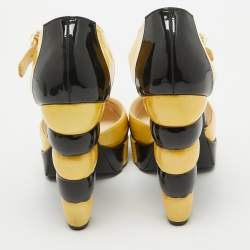 Pre Owned Chanel Yellow/Black Patent Leather Platform Ankle Strap Pumps Size 39