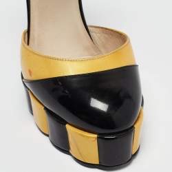 Chanel Black/Yellow Patent Leather Platform Ankle Strap Pumps Size 37.5