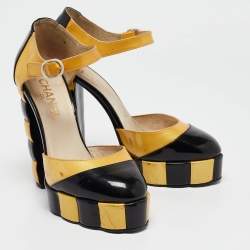 Chanel Black/Yellow Patent Leather Platform Ankle Strap Pumps Size 37.5