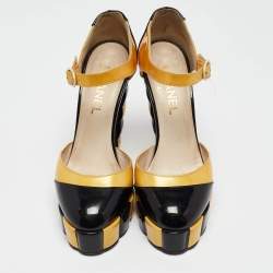 Chanel Black/Yellow Patent Leather Platform Ankle Strap Pumps Size 37.5