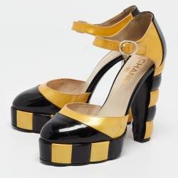 Chanel Black/Yellow Patent Leather Platform Ankle Strap Pumps Size 37.5