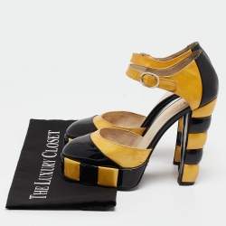 Chanel Black/Yellow Patent Leather Platform Ankle Strap Pumps Size 37.5