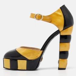 Chanel Black/Yellow Patent Leather Platform Ankle Strap Pumps Size 37.5