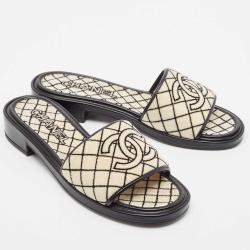 Chanel Cream/Black Shearing Fur Quilted Slide Sandals Size 41.5