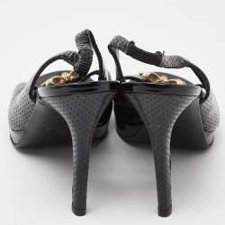 Chanel Black Perforated Patent Leather Open Toe Slingback Sandals Size 37