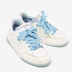 Pre Owned Chanel White Leather Lace Up Sneakers Size 35.5