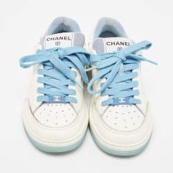 Pre Owned Chanel White Leather Lace Up Sneakers Size 35.5