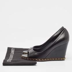 Pre Owned Chanel  Black Leather Chain Me Peep Toe Wedge Pumps Size 39