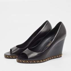 Pre Owned Chanel  Black Leather Chain Me Peep Toe Wedge Pumps Size 39