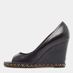 Pre Owned Chanel  Black Leather Chain Me Peep Toe Wedge Pumps Size 39