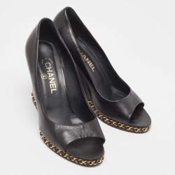 Pre Owned Chanel  Black Leather Chain Me Peep Toe Wedge Pumps Size 39
