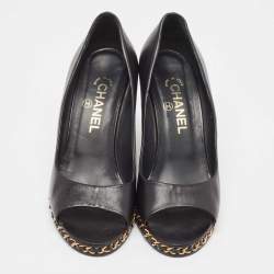 Pre Owned Chanel  Black Leather Chain Me Peep Toe Wedge Pumps Size 39