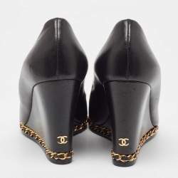 Pre Owned Chanel  Black Leather Chain Me Peep Toe Wedge Pumps Size 39