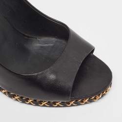 Pre Owned Chanel  Black Leather Chain Me Peep Toe Wedge Pumps Size 39