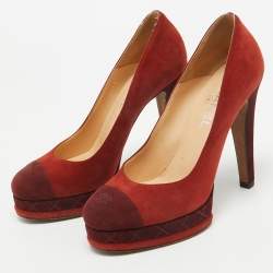 Pre Owned Chanel Brown/Burgundy Suede CC Platform Pumps Size 38