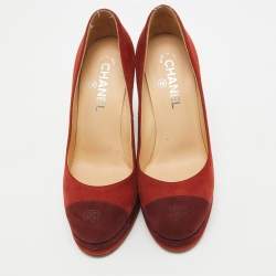 Pre Owned Chanel Brown/Burgundy Suede CC Platform Pumps Size 38