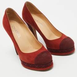 Pre Owned Chanel Brown/Burgundy Suede CC Platform Pumps Size 38