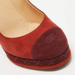 Pre Owned Chanel Brown/Burgundy Suede CC Platform Pumps Size 38
