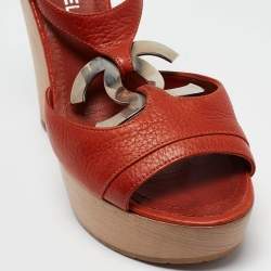 Chanel Dark Orange Leather CC Detail Ankle Strap Platform Sandals Size 36.5