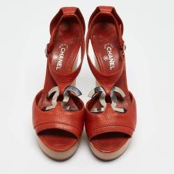 Chanel Dark Orange Leather CC Detail Ankle Strap Platform Sandals Size 36.5