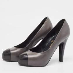 Pre Owned Chanel Grey/Black Leather Cap Toe Pumps Size 37.5