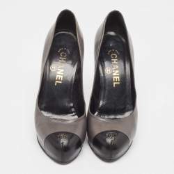 Pre Owned Chanel Grey/Black Leather Cap Toe Pumps Size 37.5
