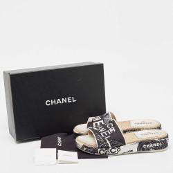 Chanel Black/White Graffiti Print Canvas Espadrille Slide Sandals Size 41