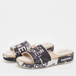 Chanel Black/White Graffiti Print Canvas Espadrille Slide Sandals Size 41