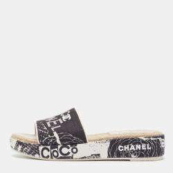 Chanel Black/White Graffiti Print Canvas Espadrille Slide Sandals Size 41