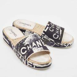 Chanel Black/White Graffiti Print Canvas Espadrille Slide Sandals Size 41
