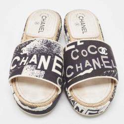 Chanel Black/White Graffiti Print Canvas Espadrille Slide Sandals Size 41