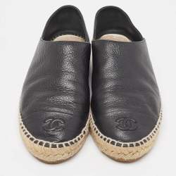 Pre Owned Chanel Black Leather CC Cap Toe Espadrille Flats Size 40