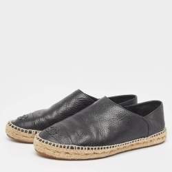 Pre Owned Chanel Black Leather CC Cap Toe Espadrille Flats Size 40
