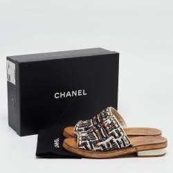 Chanel Multicolor Tweed Chain Detail CC Cork Flat Slides Size 39